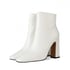 Chunky Heel Square Toe Zipper Ankle Boots - White