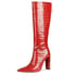 Pointed Toe Block Heel Knee High Boots - Red