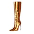 Fashion Bright Pointed Toe Stiletto Knee High Boots - Gold