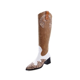 Women's Western Knee High Boots Cowboy Cowgirl Splicing Pattern