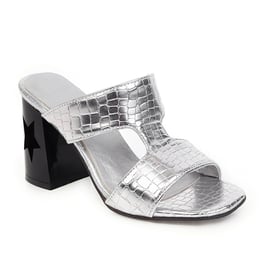 Women Heeled Mule Stone Pattern High Block Heel Sandals