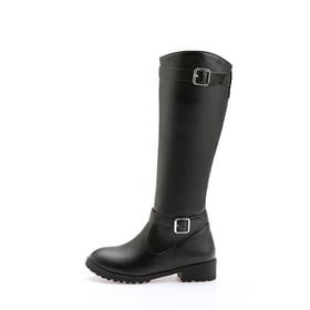 Women Knee-High Boots Round Toe Chunky Heel Pull On Buckle Boots With Zipper