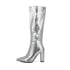 Women Knee High Boots Faux Crocodile Boots Pointed Toe Chunky Knee High Boots - Silver