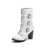 Womens Ankle Chunky Heels Round Toe Square Buckle Boots With Zipper - White