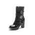 Womens Ankle Chunky Heels Round Toe Square Buckle Boots With Zipper - Black