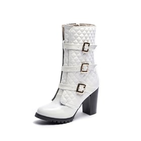 Womens Ankle Chunky Heels Round Toe Square Buckle Boots With Zipper
