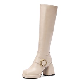 Womens Knee High Square Buckle Square Toe Chunky Heel Boots With Zipper