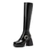 Womens Knee High Square Buckle Square Toe Chunky Heel Boots With Zipper - Black