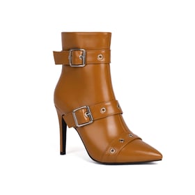 Womens Ankle Stiletto Heels Pointed Toe Square Buckle Boots With Zipper