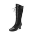 Womens Knee High Kitten Heel Pointed Toe Boots With Lace Up - Black