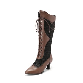 Womens Knee High Kitten Heel Pointed Toe Boots With Lace Up