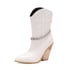 Womens Ankle Chunky Heels Pointed Toe Stone Pattern Boots With Chain - White