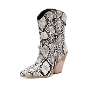 Womens Ankle Chunky Heels Pointed Toe Stone Pattern Boots With Chain