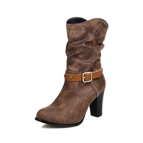 Womens Ankle Chunky Heels Round Toe Square Buckle Boots