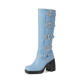 Womens Knee High Square Heel Square Toe Boots With Square Buckle