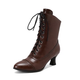 Womens Ankle Kitten Heels Pointed Toe Boots With Lace Up