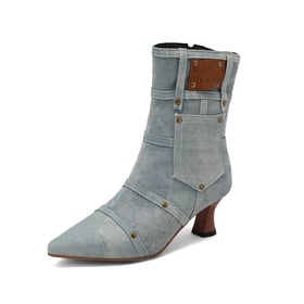Womens Ankle Kitten Heels Pointed Toe Boots With Zipper