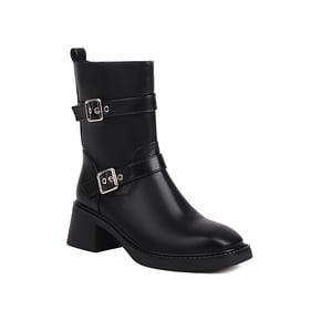 Womens Ankle Block Heels Round Toe Square Buckle Boots With Zipper