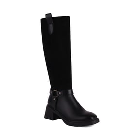 Womens Knee High Block Heel Round Toe Splicing Boots With Zipper