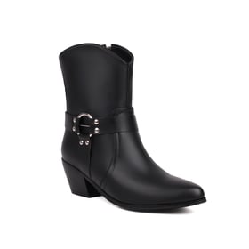 Womens Ankle Chunky Heels Round Toe Round Buckle Boots With Zipper