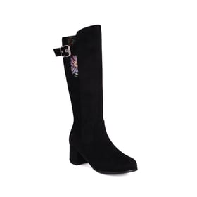 Womens Knee High Block Heel Round Toe Square Buckle Splicing Boots With Zipper