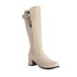 Womens Knee High Block Heel Round Toe Square Buckle Splicing Boots With Zipper - White