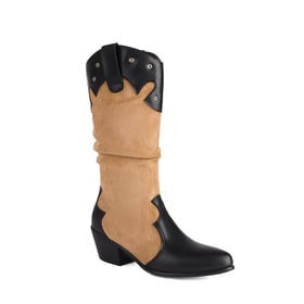 Womens Western Cowboy Knee High Chunky Heel Round Toe Rivet Splicing Boots