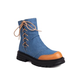Womens Boots Ankle Square Heels Round Toe Splicing Lace Up Boots With Zipper