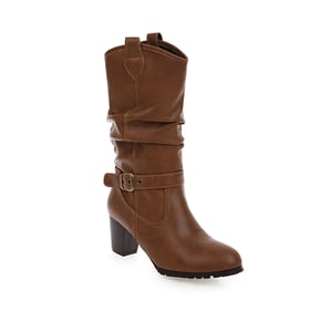 Womens Boots Ankle Chunky Heels Pointed Toe Square Buckle Boots