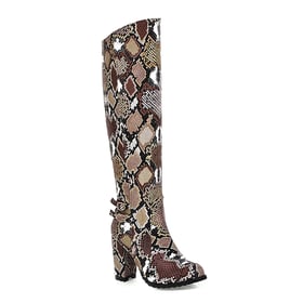 Womens Knee High Block Heel Round Toe Snake Pattern Boots With Zipper