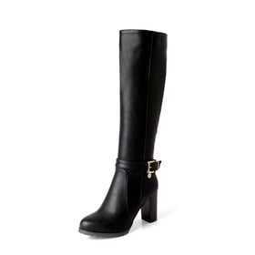 Womens Knee High Block Heel Round Toe Square Buckle Boots With Zipper