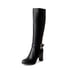 Womens Knee High Block Heel Round Toe Square Buckle Boots With Zipper - Black
