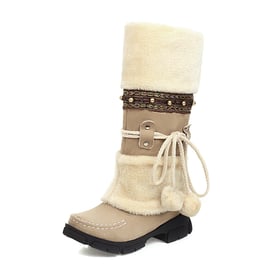 Womens Calf Snow Boots Low Heels Round Toe Splicing Boots