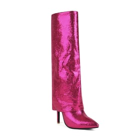 Womens Knee High Stiletto Heels Pointed Toe Sequin Boots