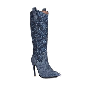 Womens Knee High Stiletto Heels Pointed Toe Checkered Boots