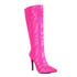 Womens Knee High Stiletto Heels Pointed Toe Stripes Boots - Pink