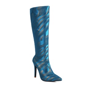 Womens Knee High Stiletto Heels Pointed Toe Stripes Boots