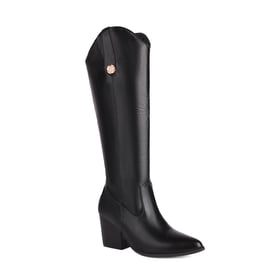 Womens Knee High Chunky Heels Pointed Toe Boots With Zipper