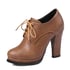 Women Round Toe Chunky Heels Pumps With Lace Up - Brown