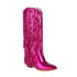 Womens Knee High Chunky Heels Pointed Toe Fringed Boots - Pink