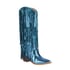 Womens Knee High Chunky Heels Pointed Toe Fringed Boots - Blue