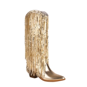 Womens Knee High Chunky Heels Pointed Toe Fringed Boots