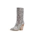 Womens Ankle Boots Chunky Heels Pointed Toe Snake Pattern Boots - White