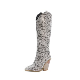 Women Knee High Chunky Heels Pointed Toe Boots With Zipper