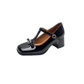 Women Mary Janes Pumps Square Toe Block Heels Bow Pumps With Rhinestone Buckle