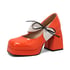 Women Mary Janes Pumps Square Toe Block Heels Splicing Color Bow Pumps With Lace Up - Orange