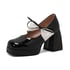 Women Mary Janes Pumps Square Toe Block Heels Splicing Color Bow Pumps With Lace Up - Black