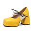 Women Mary Janes Pumps Square Toe Block Heels Splicing Color Bow Pumps With Lace Up - Yellow