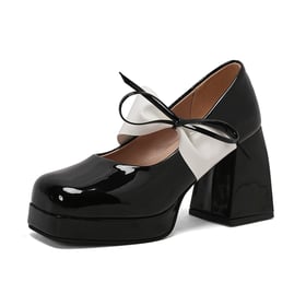 Women Mary Janes Pumps Square Toe Block Heels Splicing Color Bow Pumps With Lace Up