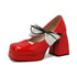 Women Mary Janes Pumps Square Toe Block Heels Splicing Color Bow Pumps With Lace Up - Red